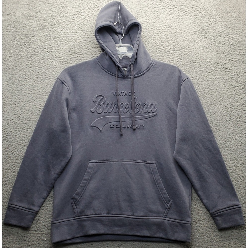 Vintage Safon Hoodie Unisex M Gray Embossed Barcelona Logo Kangaroo Pocket EUC